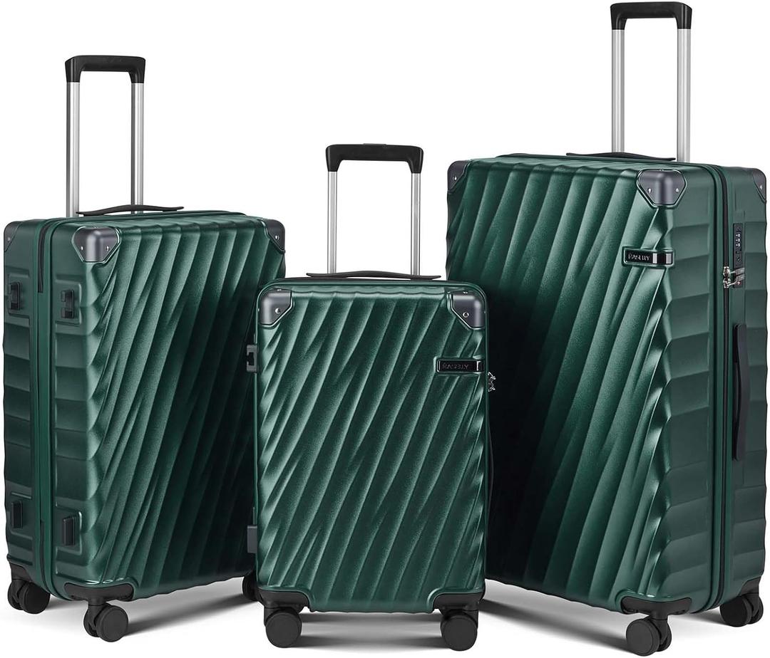Luggage sets 3 piece with Spinner Wheels, PC Hard Shell Travel Luggage, Carry On suitcase with TSA Lock,YKK Zippers,Charcoal Metallic (Dark Green, 3 Piece Sets (20/24/28)
