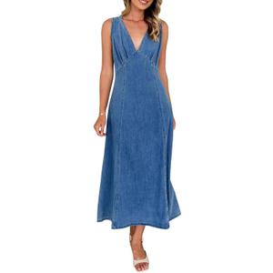 yoeasy Women's Summer Denim Dress Sleeveless V Neck High Waist Trendy Casual A Line Jean Maxi Dress (Blue) S