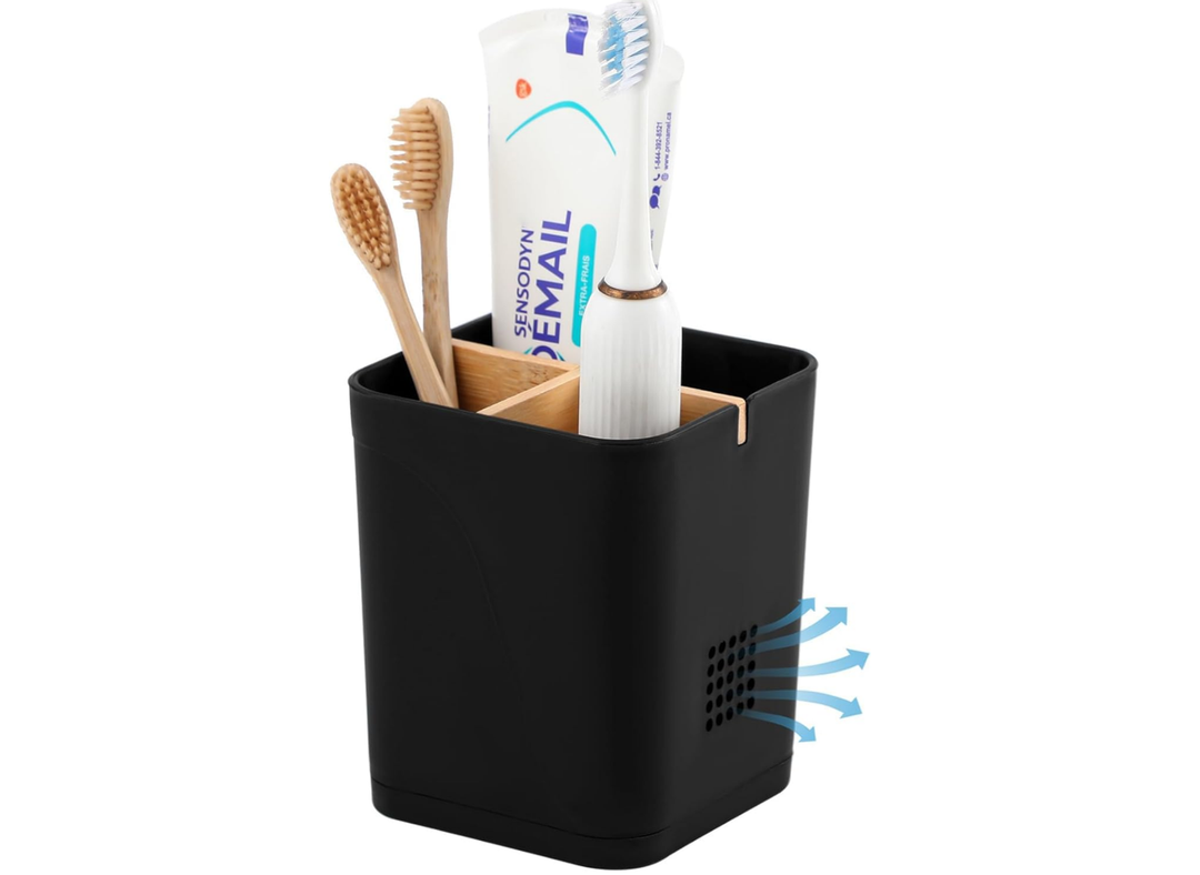 Electric Toothbrush Holder 3 Slots Tooth Brushing Holder with Bamboo Dividers for Bathrooms, Plastic Toothbrush and Toothpaste Organizer for Shower, Countertop, Vanity, Black, 2-Pack