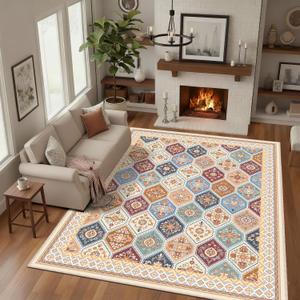 Washable Rugs 8x10, Soft Non-Slip Boho Moroccan Rug, Low-Pile Printed Area Rug Carpet for Living Room, Bedroom, Dining Room -Multi