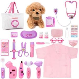 Meland Toy Doctor Kit for Girls, Pretend Play Toy Doctor Set with Dog , Carrying Bag, Stethoscope & Dress Up Costume Gift for Kids Toddlers Ages 3 4 5 6 Year Old for Role Play, Pink/Yellow