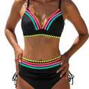 popvil High Waisted Bikini Sets for Women Tummy Control Swimsuits 2026 Neon Two Piece V Neck Drawstring Modest Curvy Bathing Suits Ladies Beach (Black), Size M