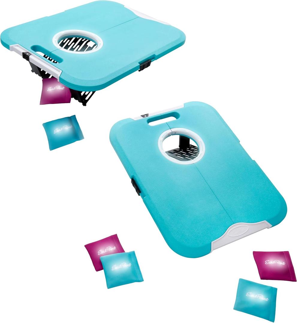 EastPoint Light-Up Cornhole Board Set - Turquoise/White 23.5x18in - Foldable for Camping Accessories & Beach Fun - Built-in LEDs for Backyard & Lawn Games - Effortless Bean Bag Toss & Yard Games