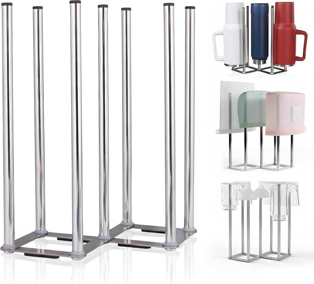 Water Bottle Drying Rack, Cup Drying Rack for Counter, Stainless Steel Tumbler Dryer Stand, Space-Saving Mug & Glass Drying Rack, Heavy-Duty Holder for Cups & Water Bottles (Silver 7 Pegs)