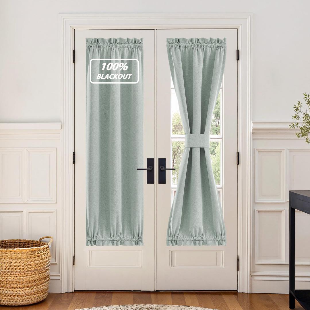 NICETOWN 100% Blackout Curtain for Door Window - Privacy Room Darkening Shade, Thermal Insulated French Door Curtain with Tie Back, Elegant Home Decor, 1 Panel, 25 x 72 Inch, Greyish Green