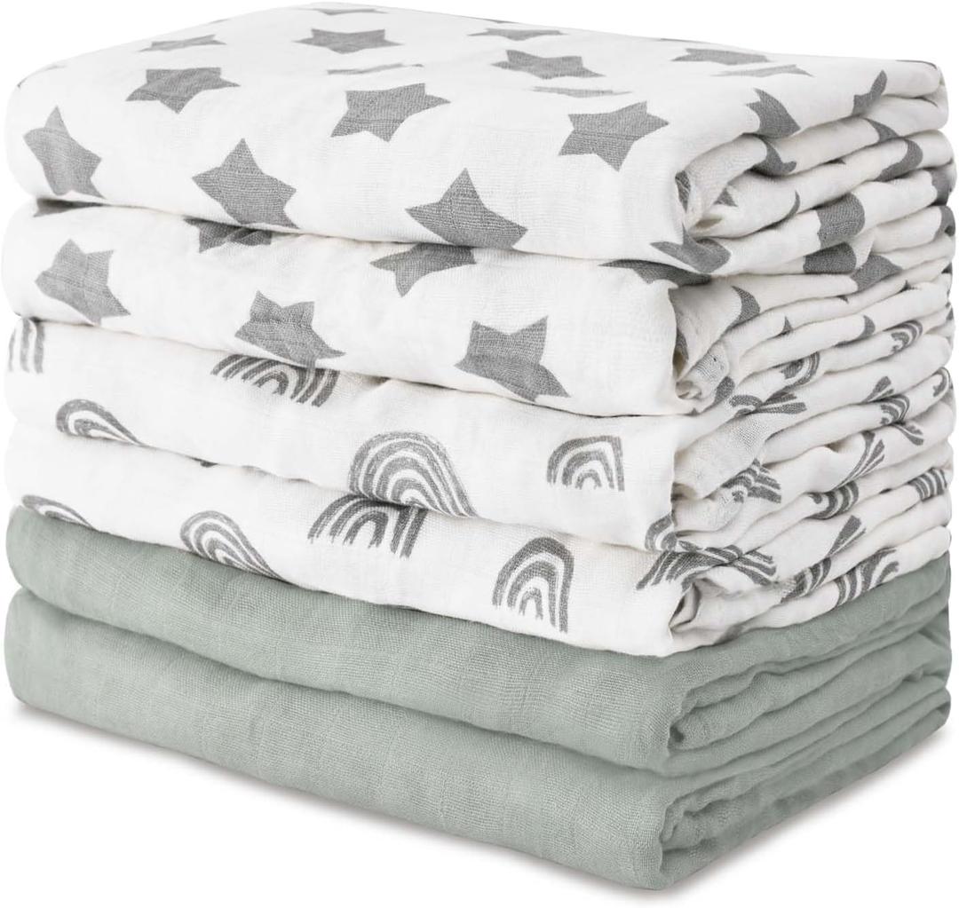 GLLQUEN BABY Receiving Blanket Boy Cotton Muslin Swaddle Blankets Girl Newborn Squares Breathable & Soft Thin Baby Blankets Cloths Double Absorbent Infant Swaddling Wrap - 6 Pack (Star)