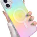 Cute Case for iPhone 16 Case for Women Girls [Compatible with Magsafe] Aesthetic Girly Glitter Bling Rainbow Magnetic Protective Phone Cover, Translucent Iridescent Blue & Pink