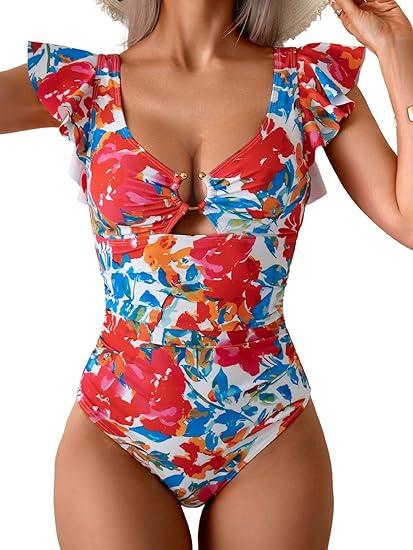 Eomenie Womens Ruffled One Piece Swimsuit Slimming Tummy Control Bathing Suit V-Neck Cutout Swimwear for Resort Wear, Medium