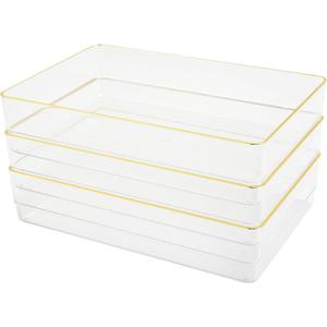 Martha Stewart Kerry Plastic Stackable Office Desk Drawer Organizers, 9" x 6", 3 Pack, with Gold Trim