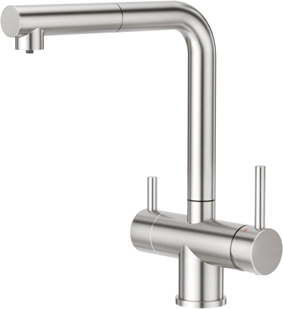 CREA 3 Way Kitchen Faucet with Pull Down Sprayer & Water Filter Built-in,Drinking Water Faucet for Kitchen Sink Purifier Water Filter,2 Handles Bar Faucet 1 Hole Brushed Nickel Stainless Steel