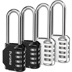 Puroma 4 Pack 2.6 Inch Long Shackle Combination Lock 4 Digit Outdoor Waterproof Padlock for School Gym Locker, Sports Locker, Fence, Gate, Toolbox, Case, Hasp Storage (Silver & Black)