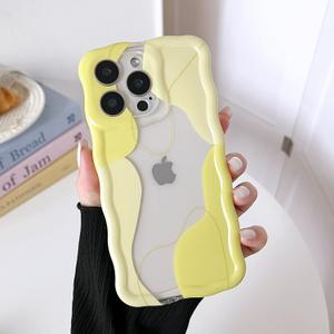 DEFBSC for iPhone 16 Pro Max Case,Cute Clear Wavy Art Design Aesthetic Pattern Phone Case for Women Girls,Wave Frame Durable Protective Cover Full Camera Protection Bumper for iPhone 16 Pro Max,Yellow