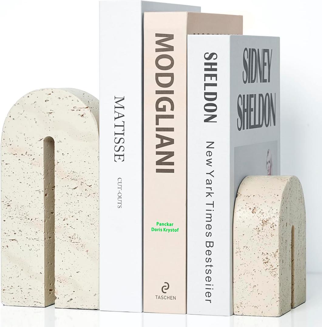Book Ends for Shelves, Resin Heavy Duty Decorative Bookends, Retro Arch Book Holder for Heavy Books, Imitation Travertine Book Stopper for Home Decor, Study, Bookshelf, Desktop, Set of 2