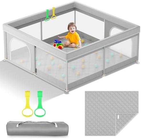 Omzer Baby Playpen with Mat 50x50inch: Large Playpen for Babies and Toddlers Indoor Safety Play Pen with Soft Breathable Mesh - All-Wrapped Sponge Sturdy Play Yard with Stable Magic Sticker