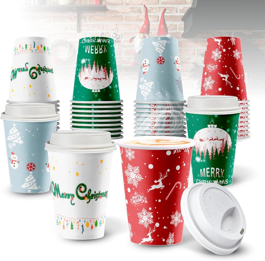 Christmas Disposable Coffee Cups with Lids 12 oz, To Go Coffee Cups, Holiday Paper Cups for Hot Chocolate, Hot Cocoa, Drinks Supplies, Xmas Dinner Party - 40 Pack