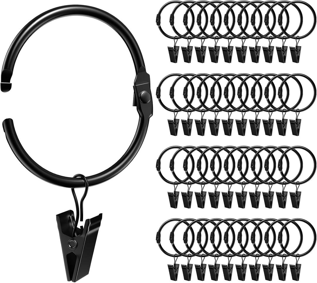 40 Pack 1.26 Inches Openable Curtain Rings with Clips, Drapery Metal Clip Iron Drapes Hangers Decorative for Windows Rods Rustproof, Black