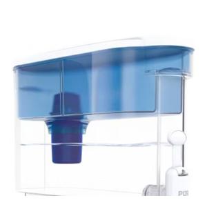 PUR PLUS 30-Cup Water Filter Dispenser in the "Color Classic Blue". It is a large-capacity water filtration system designed for household use.