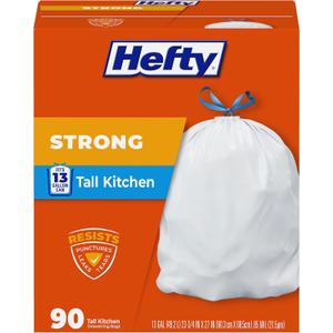 Hefty Strong 13 Gallon Trash Bags, Tall Kitchen, Drawstrings, Durable Closure, Resists Leaks, Punctures, Tears, White, Unscented, 90 Count