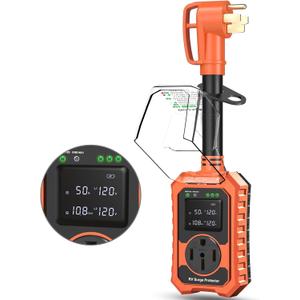 RV Surge Protector 50 Amp Waterproof- Smart 50Amp Power Protectors with Real-Time KWH, Voltage, and Current Monitor Large Screen, LED Display Circuit Analyzer for Camper Travel Trailer (Orange)