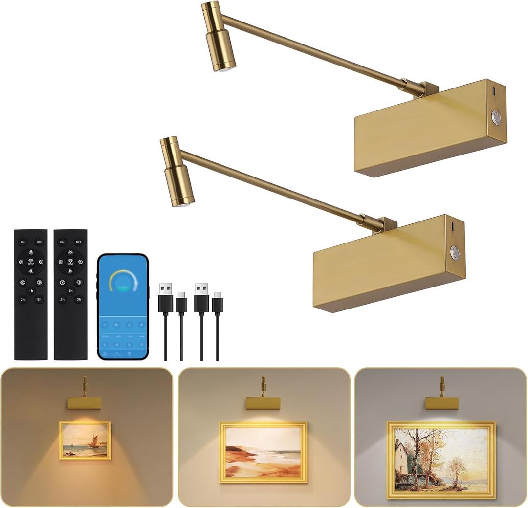 Wireless Picture Light for Wall with Adjustable LED Beam, 8000mAh Rechargeable Art Light for Paintings, Dimmable and Zoomable Spotlight for Gallery, Living Room, Hallway (Gold, 2 Pack)