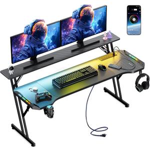 47 Inch Gaming Desk, Smart Computer Gamer Desk with LED Lights & Mouse Pad, Gaming Table with Power Outlet, Monitor Stand, Side Hook, Ergonomic Work Desks for Home Office, Carbon Fiber Black