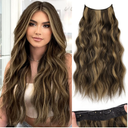 KooKaStyle Invisible Wire Hair Extensions with Transparent Headband Adjustable Size 4 Secure Clips Long Wavy Highlight Synthetic Hairpieces 20 Inch Balayage Chocolate Brown to Caramel Blonde for Women