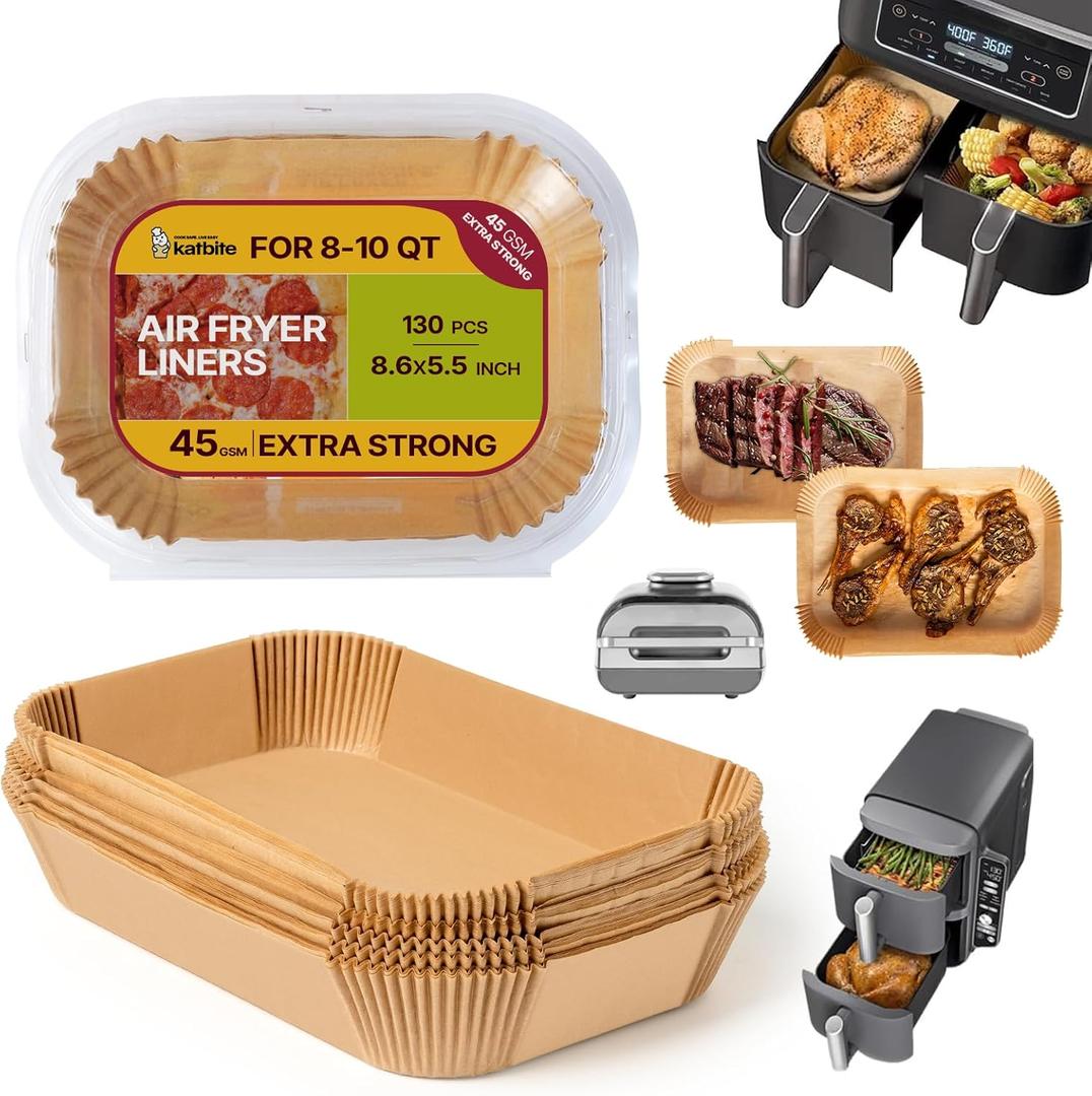2 x Katbite Air Fryer Liners Disposable - 8.6x5.5'' 130PCS Rectangle Paper Liners, Thick Airfryer Parchment Paper Liners for Dual Air Fryer, DZ201, DZ401, FG551