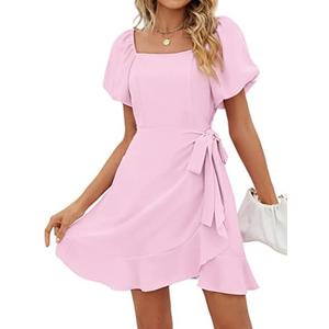SAMPEEL Womens Summer Dresses Square Neck Puff Sleeve Tie Waist Short Dress Size L