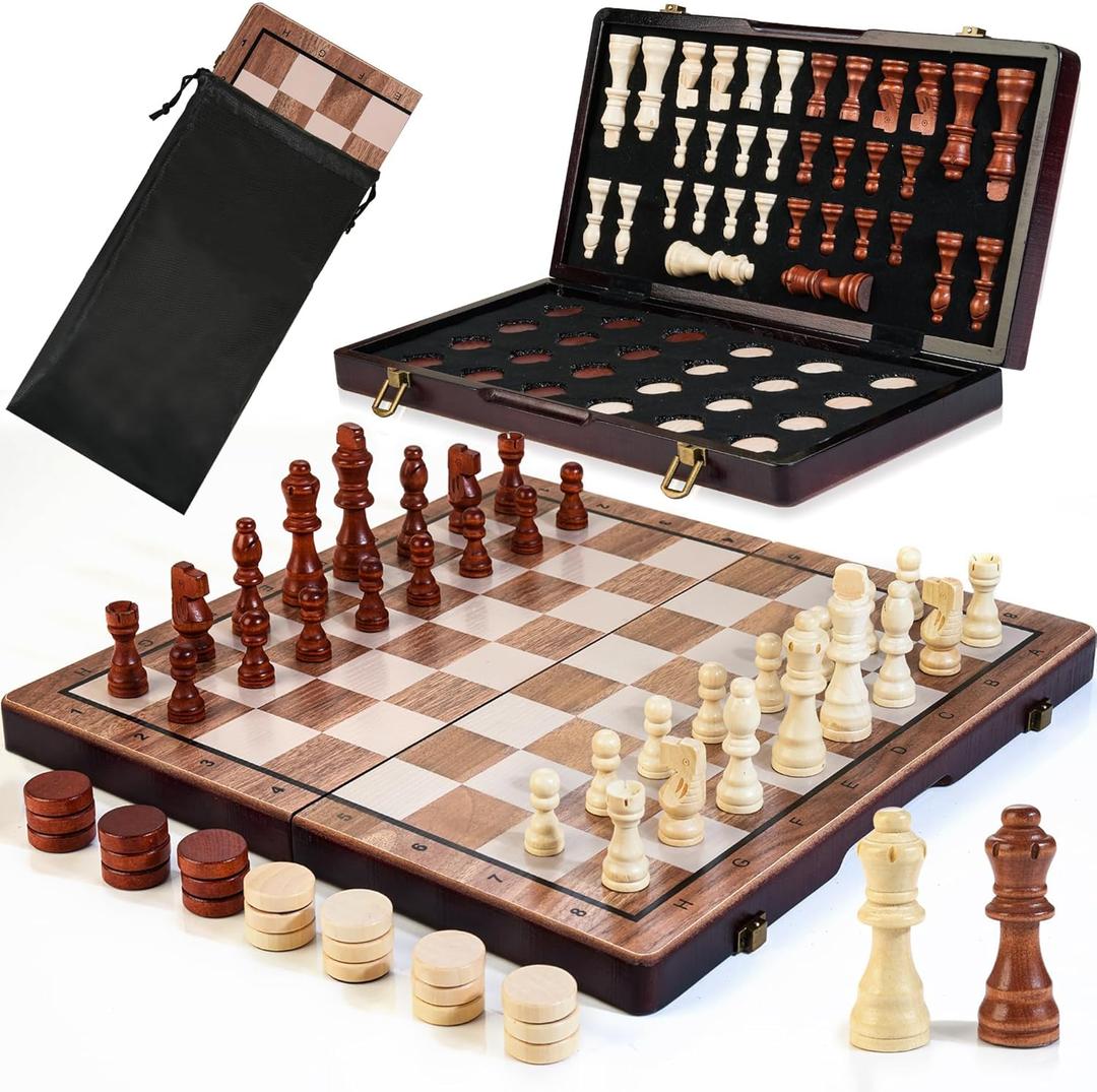 2 in 1 Magnetic Wooden Chess Set & Checkers Board Game, 15 Folding Chess Board with Pieces Storage Slots, 2 Extra Queens, Portable Travel Chess Set for Kids Adults Beginner Age 3+