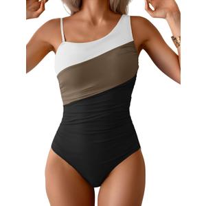One Shoulder One Piece Swimsuit for Women Tummy Control Bathing Suits Color Block Ruched Swim Suit Slimming Swimwear (Small, White Brown and Black) One Shoulder One Piece Swimsuit for Women Tummy Control Bathing Suits Color Block Ruched Swim Suit Slimming Swimwear (Small, White Brown and Black)