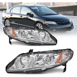 AS Headlight Assembly Compatible with 2006-2011 Honda Civic 4-Door Sedan fit for 2006 2007 2008 2009 2010 2011 Civic 4DR Headlamps Replacement Chrome Housing Amber Reflector
