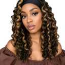 QUEENTAS 16 Inch Deep Wave Curly Headband Wig, #4/27 Brown Honey Blonde Highlight for Black Women, Glueless Wear & Go Shoulder Length Bob Wig, Synthetic Beginner-Friendly Daily Wear