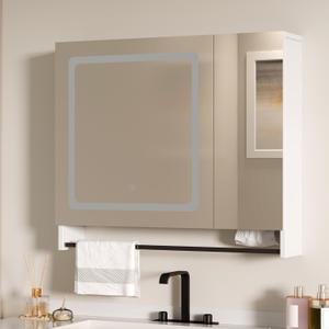 ChooChoo Lighted Bathroom Medicine Cabinet with Mirror, Wall-Mounted Bathroom Wall Cabinet with Mirror Doors, LED Lights, Adjustable Shelves, Towel Bar, Cloud White