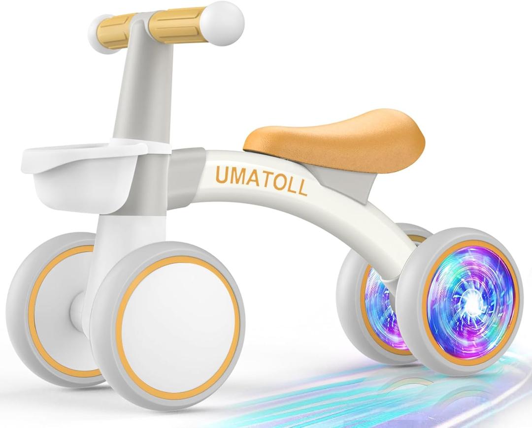 Umatoll Colorful Lighting Baby Balance Bike Toys for 1 Year Old Boys Gifts, Adjustable Seat Baby Walker, One Year Old Boy Birthday Gifts, 12-24 Months Toddler First Ride on Toys with Removable Basket (White)