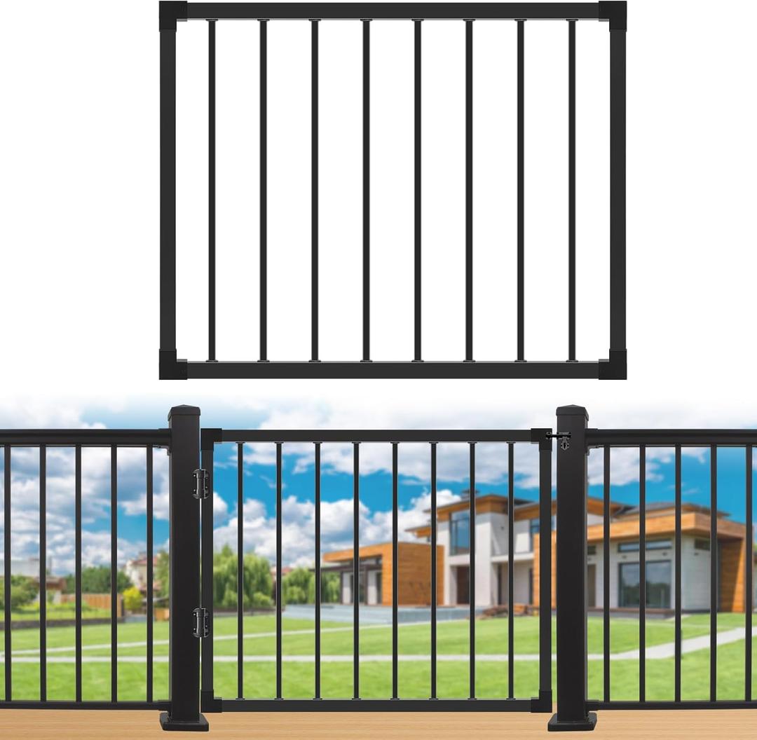 Deck Gate Outoor, 36''Hx48''W Black Heavy Duty Steel Anti-Rust Fence Door with Customizable Width, Easy Installation Metal Gate for Residential, Yard, Patio (No Hinge)