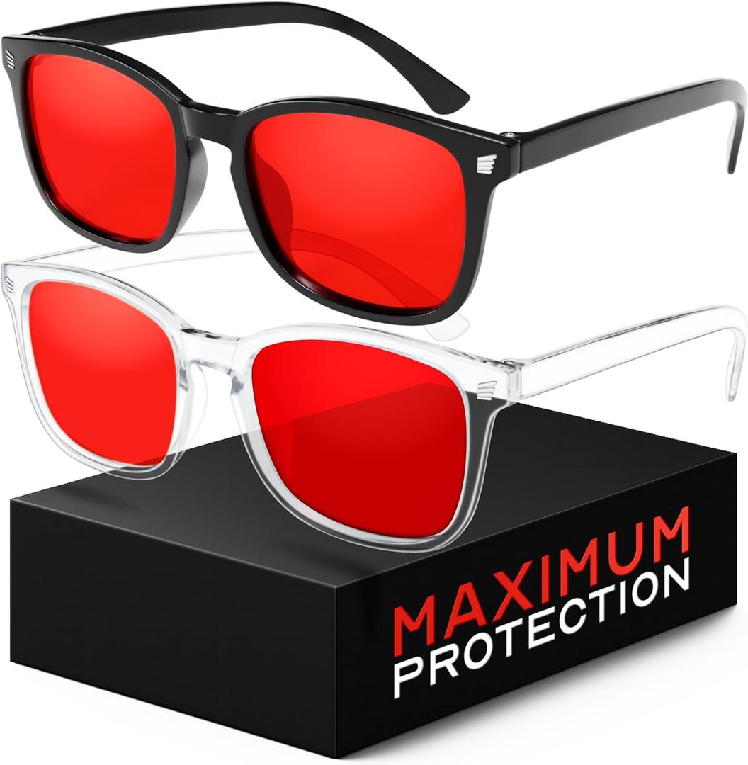 livho Gaming Glasses Blue Green Light Blocking for Computer Sleeping, Dual Coatings Red Lenses, for Women & Men (*B1 Light Black+clear)