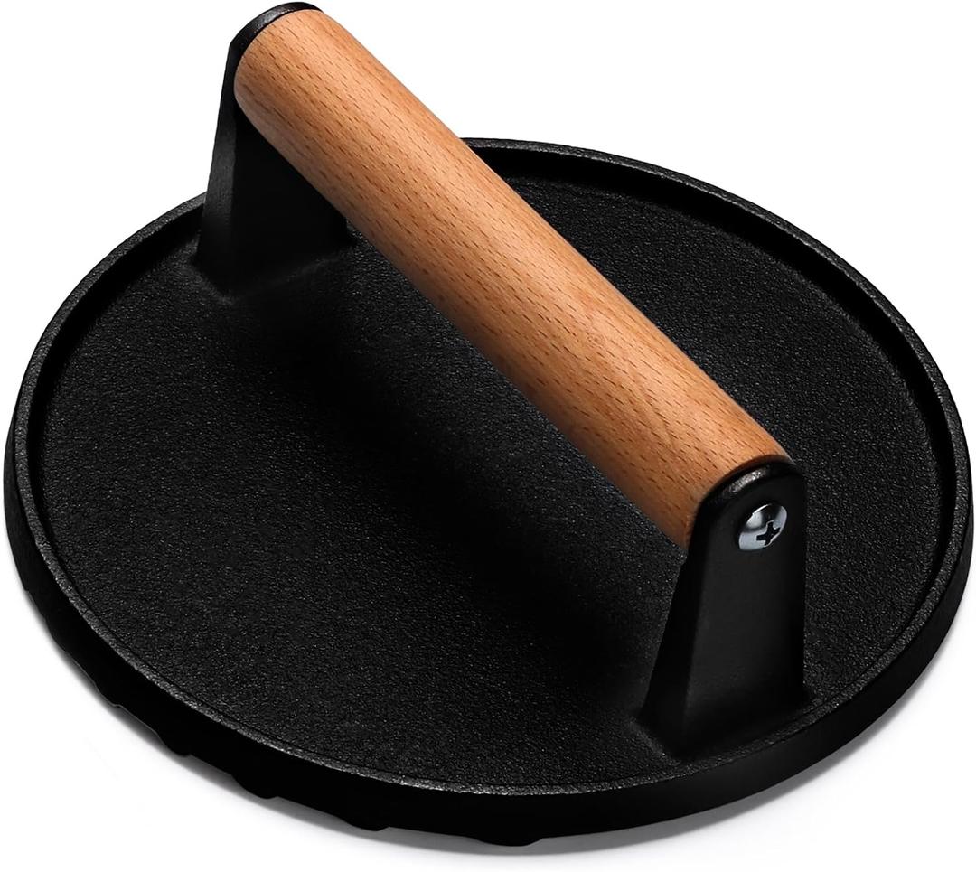 EWFEN Burger Press, 7" Round Heavy-Duty Cast Iron Smash Bacon Press Meat Steak with Wood Handle for Griddle, Sandwich, Nonstick Pan