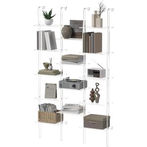 Acrylic Bookshelf, Wall Mounted, 5-Tier Clear Ladder Bookshelf with 14 Open Shelves, Multipurpose Bookcase for Living Room, Bathroom, Office, Modern, 9.5" D x 43.5" W x 72.8" H