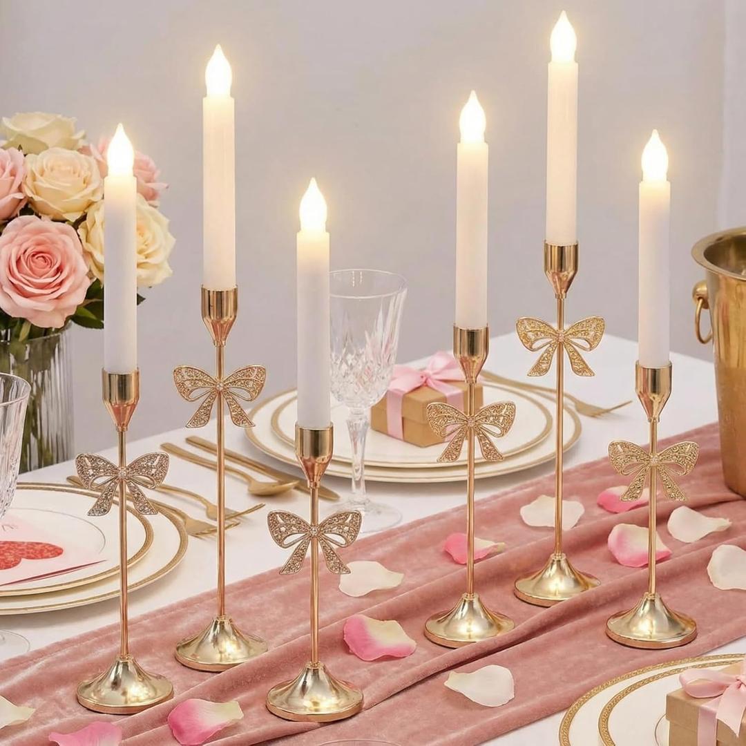 6 Pcs Christmas Bow Taper Candle Holders, 3 Size Gold Christmas Candlestick Holders, Xmas Candle Holder Vintage Decorative for Table Centerpiece Mantel Decor Holiday Housewarming Gifts