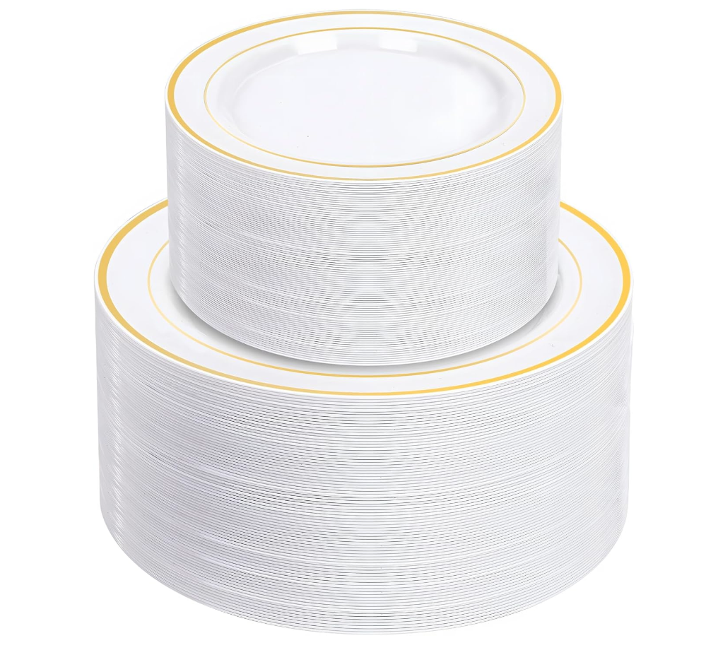 NOCCUR 120PCS White and Gold Plastic Plates  10.25inch and 7.5inch Gold Disposable Plates Set Heavy Duty for Party/Wedding