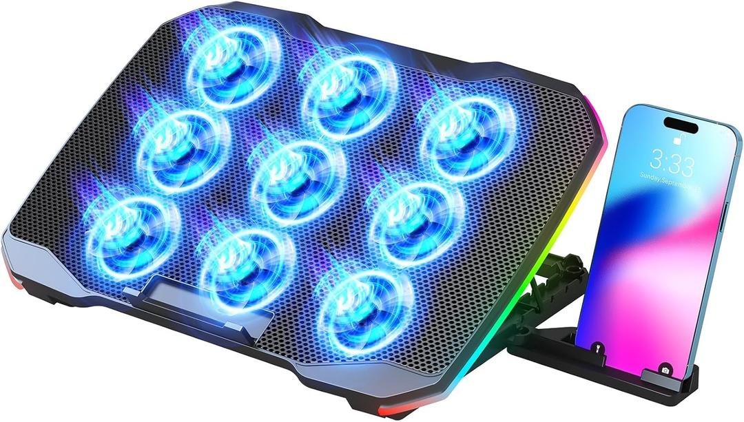 Laptop Cooling Pad, Gaming Laptop Cooler with 9 Quiet Fans, Laptop Cooling Stand for 12-17 Inch, Laptop Computer Fan with 5 Height Adjustable,2 USB Ports,1 Phone Stand (Colorful Lights)