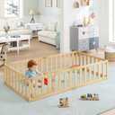 Spirich Twin Size Kids Floor Bed Frame with Fence and Door, Solid Wood Montessori Floor Bed for Kids with Safety Guardrails, Twin Bed Frame for Boys and Girls, Natural