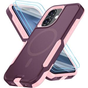 Magnetic for iPhone 16 Case,Heavy Duty Magnetic Phone Case, with 2X Tempered Glass Screen Protecto, Phone Cover for iPhone 16 6.1 Inch (WineRed/Pink-MAG)