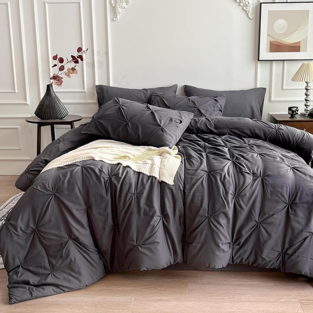 Maple&Stone Twin Comforter Set, 5 Pieces Twin Bedding Sets, Pinch Pleat Bed in a Bag Twin with Comforter, Sheets, Pillowcase & Sham - Dark Grey