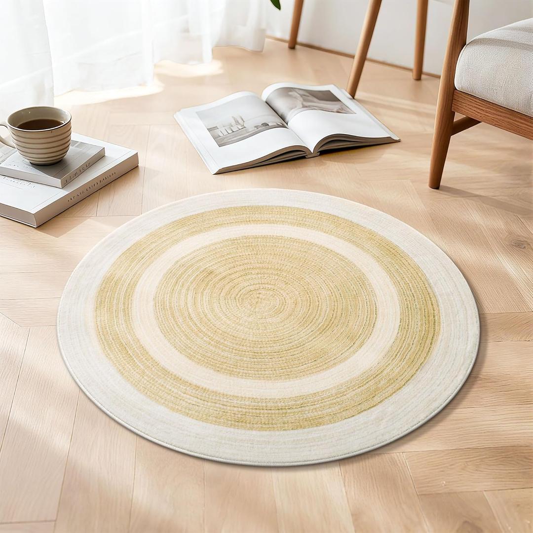 Asrug Faux Jute Round Rug Area Rug Washable Non-Slip Circle Rug Soft Plush Touch Circle Rugs Round for Kitchen Bathroom Living Bedroom Nursery, Carpet Low Pile 2ft /24 inch/61 cm Beige/Brown