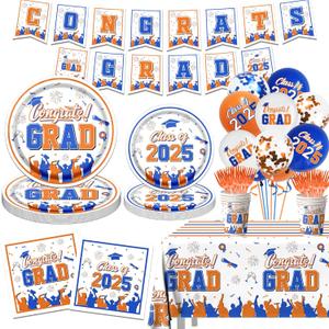 Orange Blue Graduation Decorations 2025, 167Pcs Graduation Plates and Napkins Congrats Grad Cups Tablecloth Banner Balloons for Class of 2025 Grad Decorations (Blue and Orange)