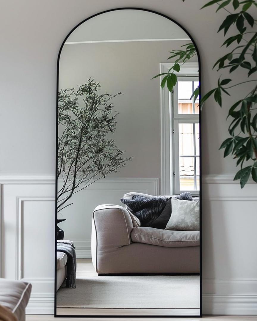 Antok 58" x21 Arched Full Length Floor Mirror, Black Aluminum Frame, Free Standing/Wall Mount/Leaning for Bedroom, Living Room, Dressing Room