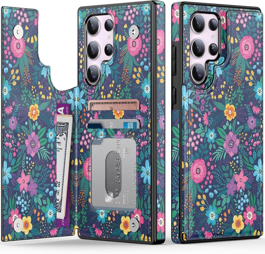 Goodon for Samsung Galaxy S23 Ultra Case Wallet - Flip Folio Leather Cover with Trendy Floral Design, 3 Card Slots & Kickstand Function, Protective Phone Case for Women Girls - Cute Blooming Flowers