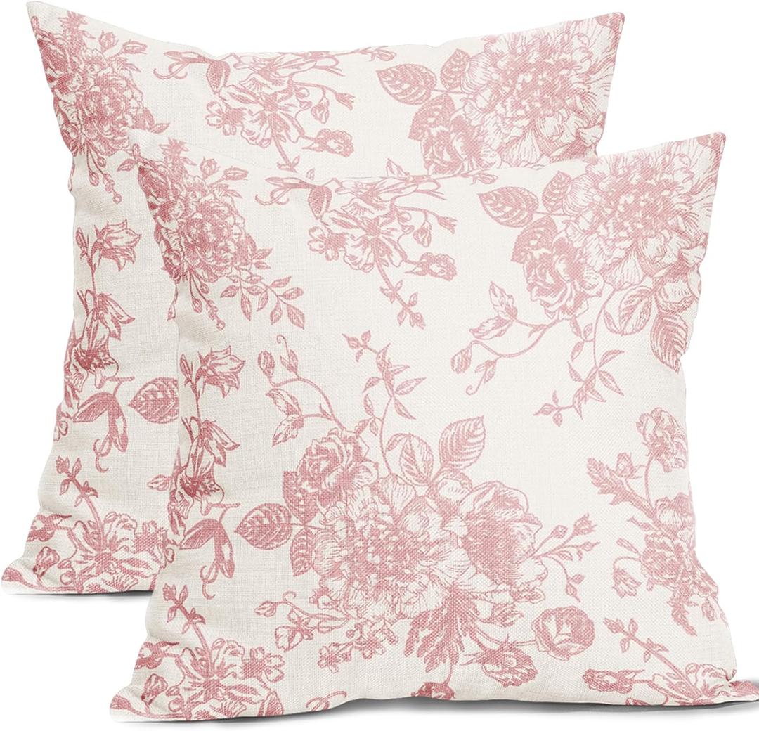 Pink and Cream Floral Pillow Covers 16x16 Inch Set of 2 Vintage Pink Floral Throw Pillow Covers Chinoiserie Flower Pillowcases Farmhouse Cotton Linen Cushion Covers for Couch Bed Sofa Chair Home Decor