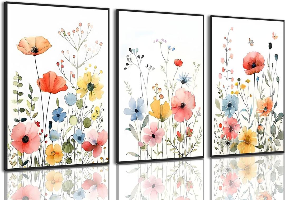 KISSFOX Framed Colorful Wildflower Canvas Wall Art Set Of 3 Flowers Pictures Prints Flowers Printing Floral Watercolors Flower wall Decor Living Room Girls Bedroom Bathroom, 16x24 In Black Framed
